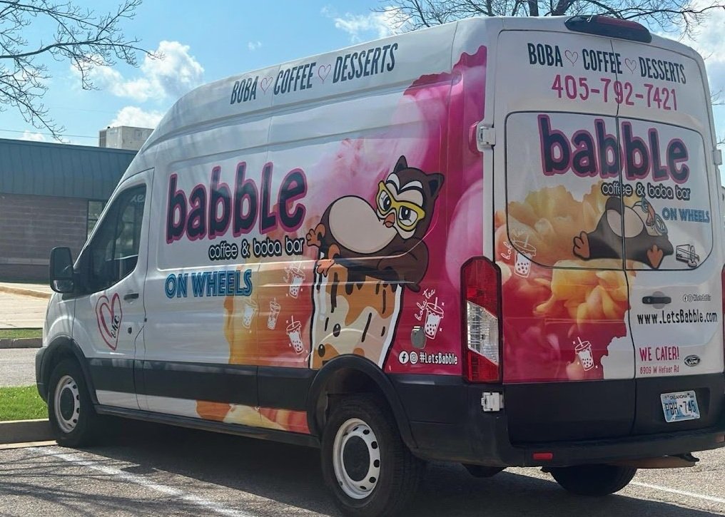 Rear of the Babble food truck lettered boba, coffee, desserts